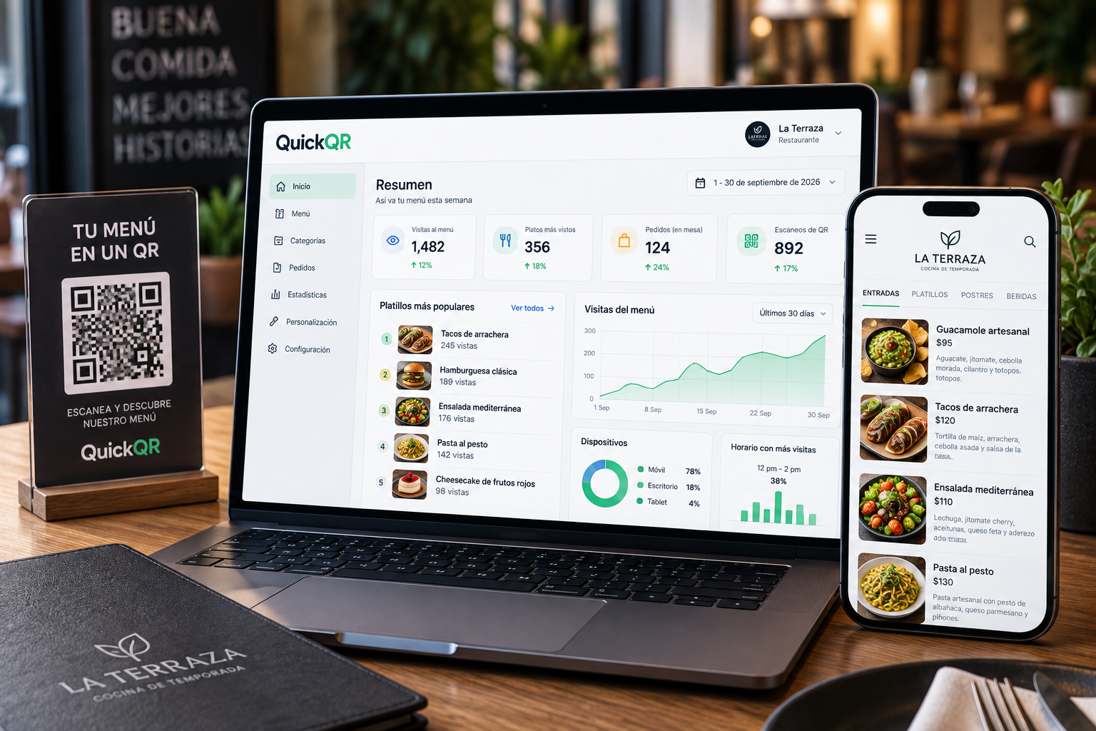 QuickQR: menú digital por QR en laptop y celular